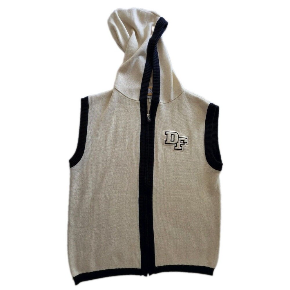 Vintage 90s Deb USA Knit Hooded Sweater Vest Off White Navy Blue DF Patch XL
